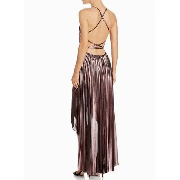 BCBG MAXAZRIA VALARIE Metallic Pleated Halter Gown Hi-Low Dress Size M NWT $368 - Picture 5 of 11